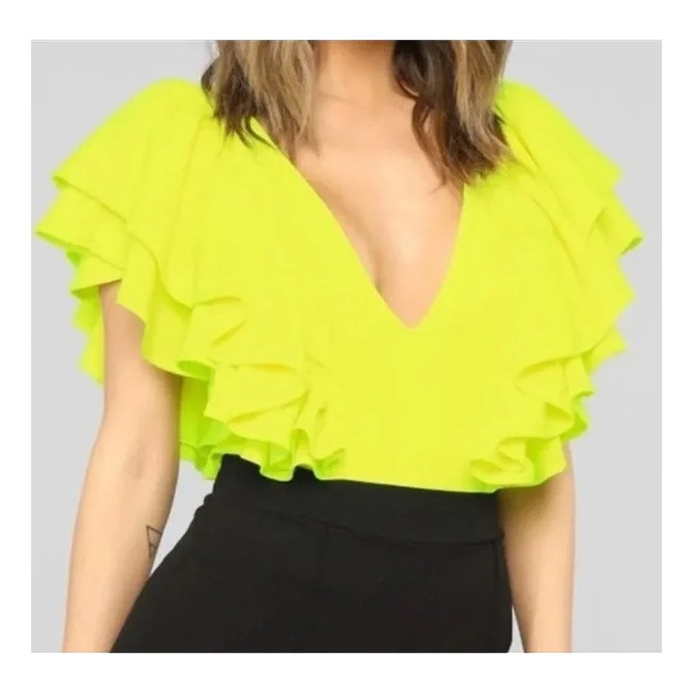 Fashion Nova - Neon Yellow Ruffle V Bodysuit